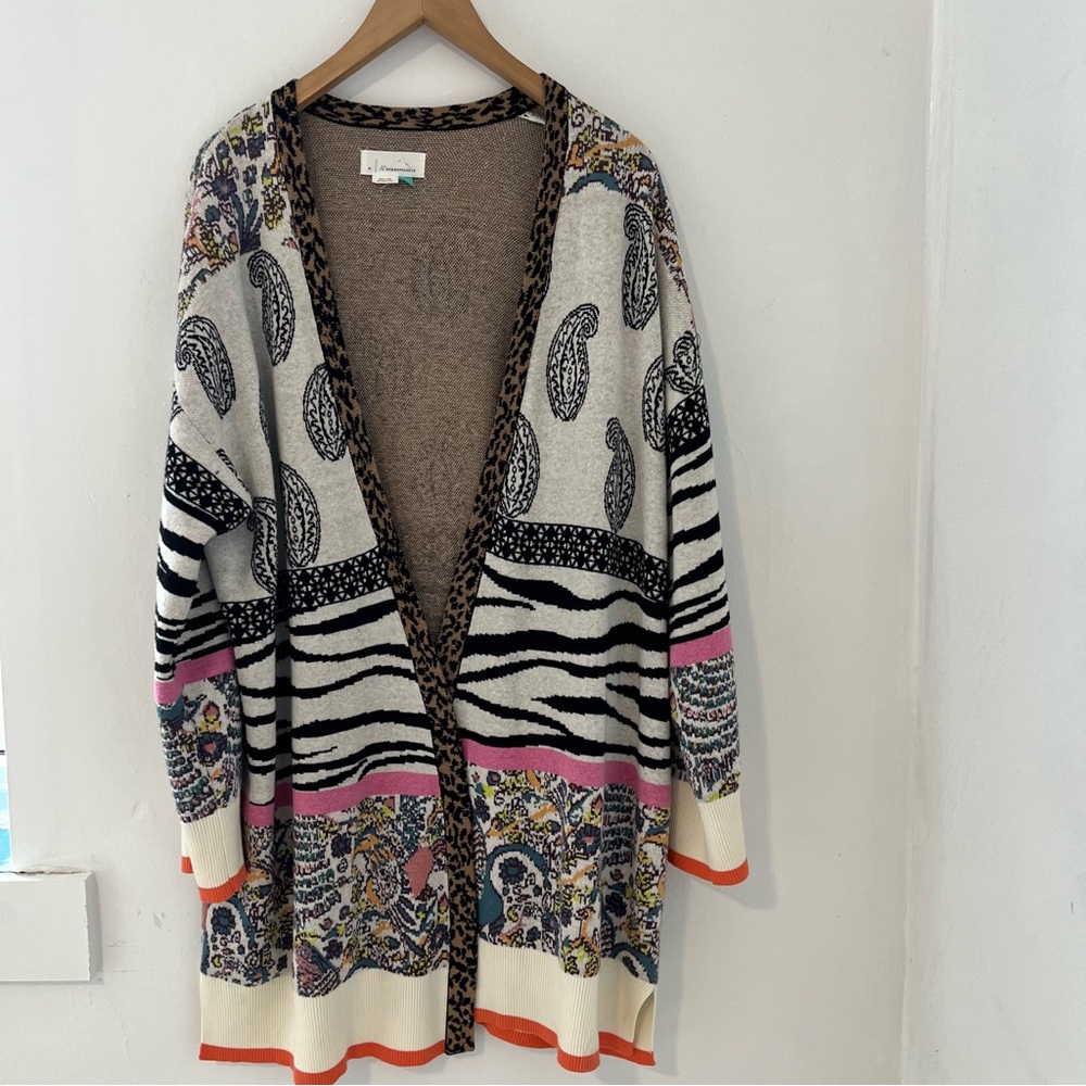 Anthropologie Mixed-Print Open Front Cardigan in Cream, Black, Pink, Orange